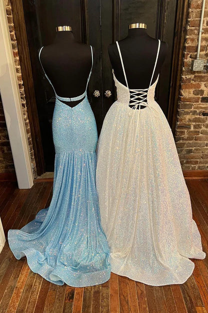 Shiny Sequins Long Prom Dress V-Neck Spaghetti Strap Formal Evening Dress