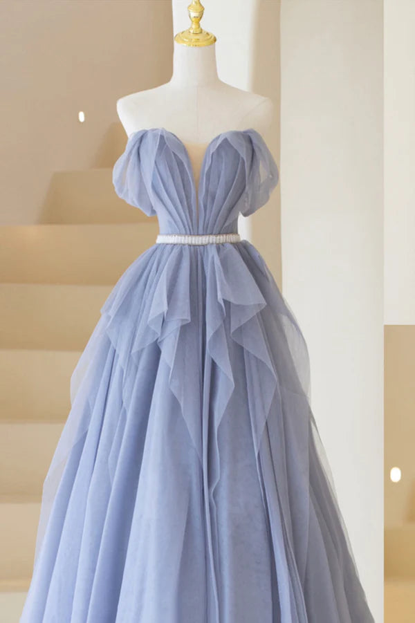 Blue Tulle Long A-Line Prom Dress Cute Strapless Graduation Dress