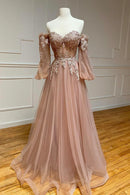 A-Line Strapless Long Lace Prom Dress Sweetheart Neck Tulle Evening Party Dress