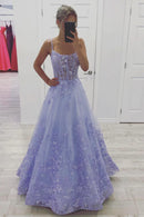 Purple Tulle Long A-Line Prom Dress A-Line Backless Evening Party Dress