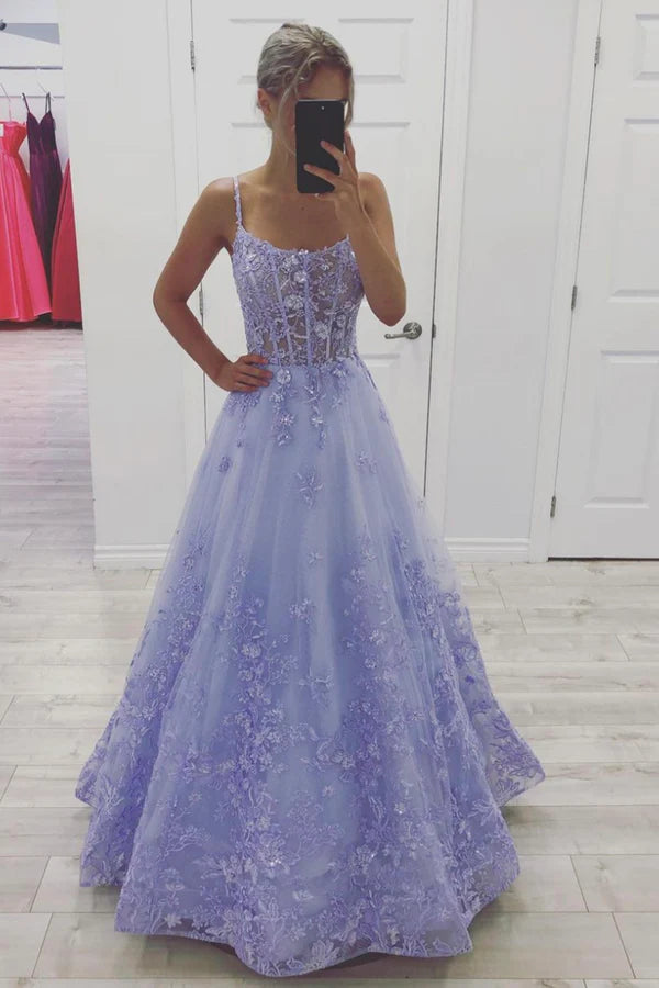 Purple Tulle Long A-Line Prom Dress A-Line Backless Evening Party Dress