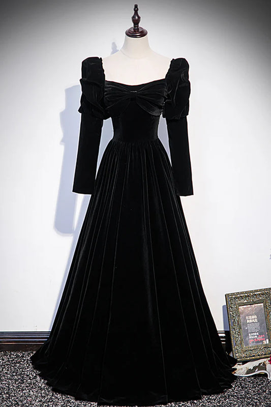 Black Velvet Long Sleeve Prom Dress A-Line Evening Party Dress