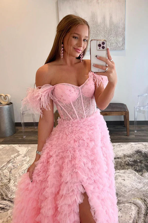 Pink Tulle Long A-Line Prom Dress with Train Off the Shoulder Formal Dress