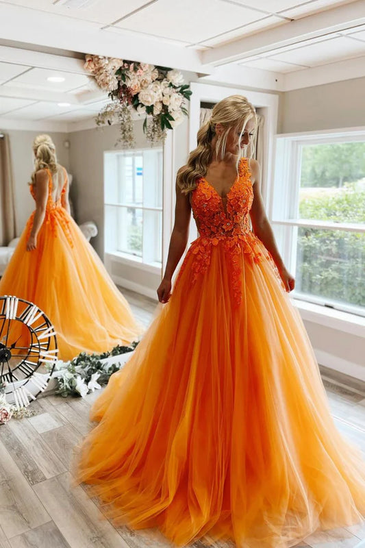 Orange V-Neck Tulle Lace Long Prom Dress A-Line Graduation Party Dress