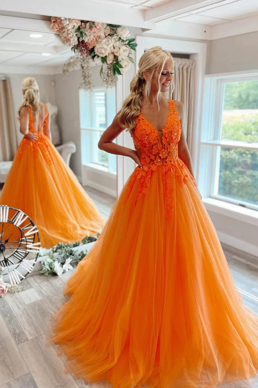 Orange V-Neck Tulle Lace Long Prom Dress A-Line Graduation Party Dress