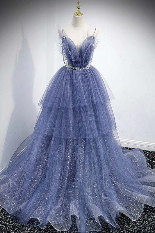 Blue Tulle Layers Long Prom Dress A-Line Spaghetti Strap Party Dress