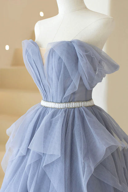 Blue Tulle Long A-Line Prom Dress Cute Strapless Graduation Dress