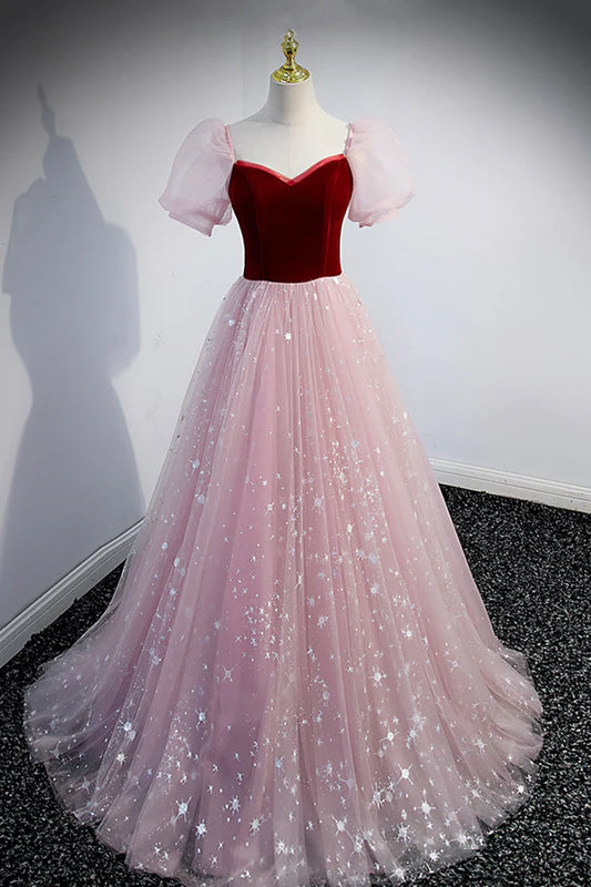 Pink Tulle Long A-Line Prom Dress Lovely Short Sleeve Evening Party Dress