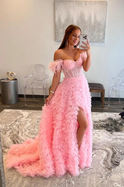 Pink Tulle Long A-Line Prom Dress with Train Off the Shoulder Formal Dress