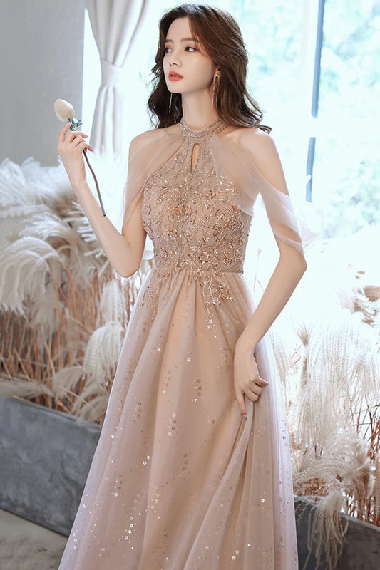 A-Line Tulle Long Prom Dress with Beaded Off the Shoulder Evening Party Dress