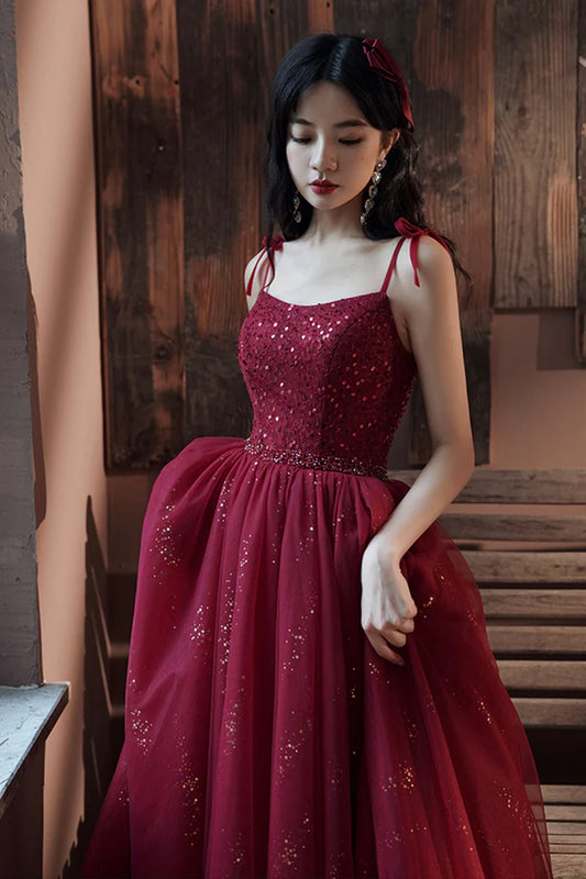 Burgundy Tulle Sequins Long Prom Dress Spaghetti Straps Evening Party Dress