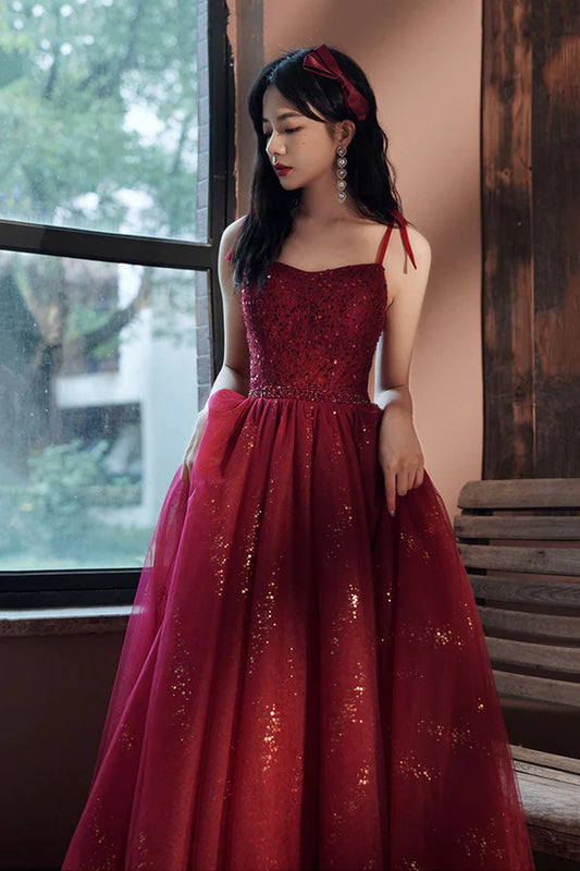 Burgundy Tulle Sequins Long Prom Dress Spaghetti Straps Evening Party Dress