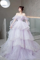 Purple Tulle Layers Long A-Line Prom Dress Cute Long Sleeve Evening Gown