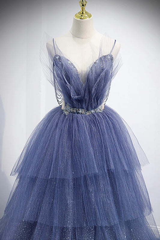 Blue Tulle Layers Long Prom Dress A-Line Spaghetti Strap Party Dress