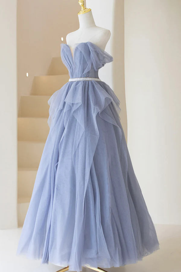 Blue Tulle Long A-Line Prom Dress Cute Strapless Graduation Dress