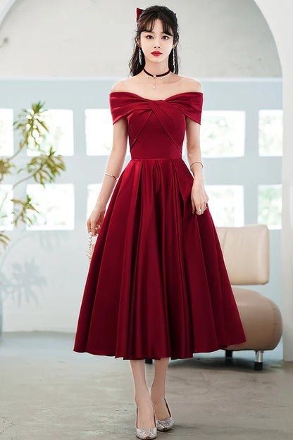 Burgundy Satin Short A-Line Prom Dress Off the Shoulder Homecoming Party Dress