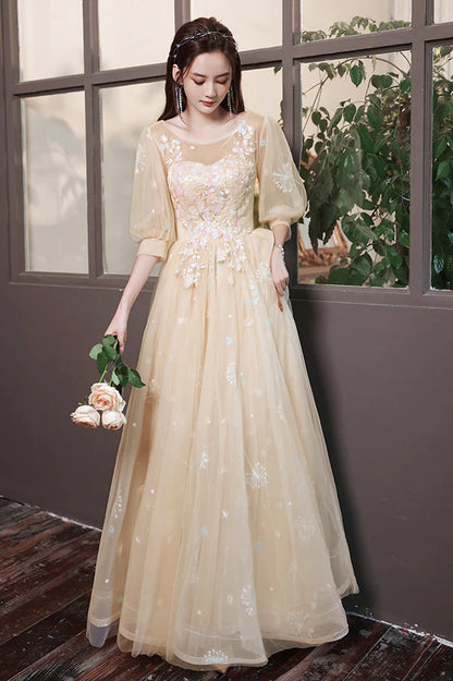 Champagne Scoop Tulle Long Prom Dress Evening Graduation Celebration