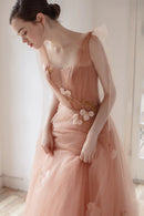 Pink Tulle Long A-Line Prom Dress Cute Graduation Dress