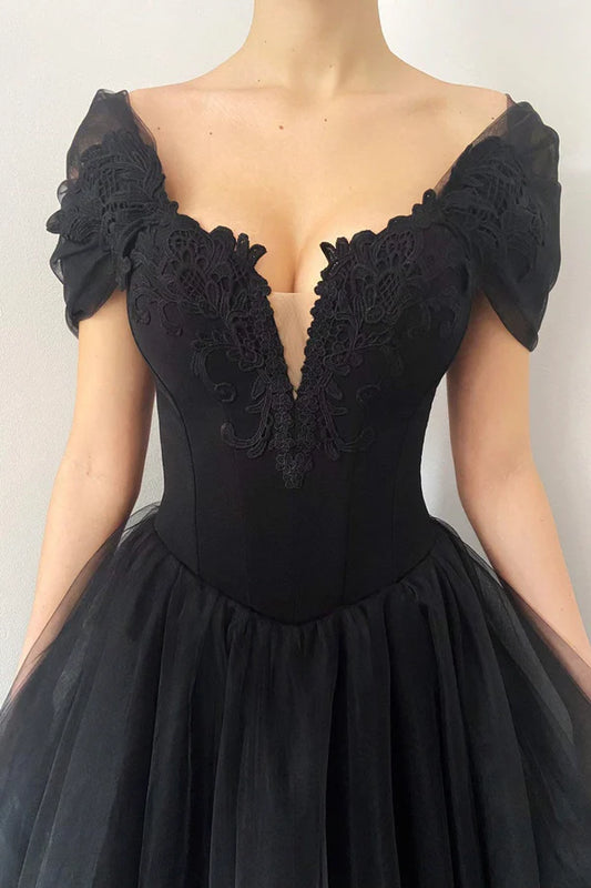 Black V-Neck Lace Long Prom Dress Black A-Line Evening Party Dress