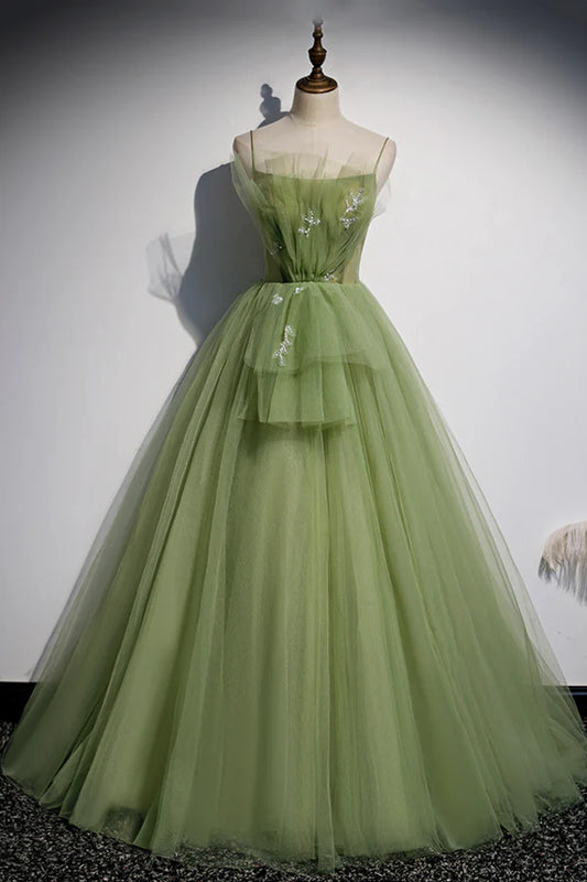 Green Scoop Tulle Floor Length Prom Dress A-Line Green Formal Dress