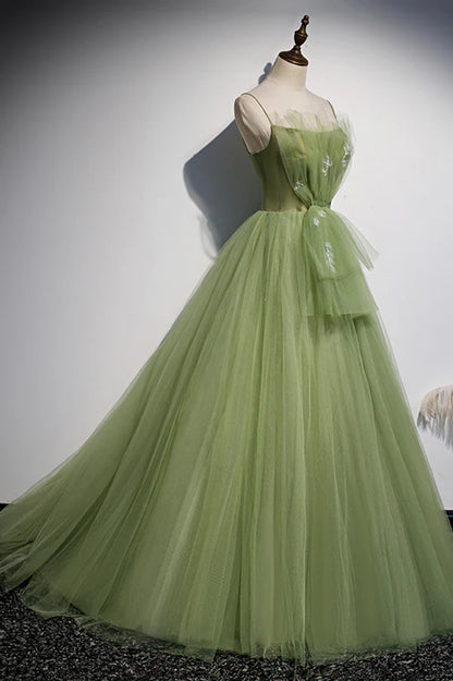 Green Scoop Tulle Floor Length Prom Dress A-Line Green Formal Dress