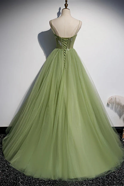 Green Scoop Tulle Floor Length Prom Dress A-Line Green Formal Dress