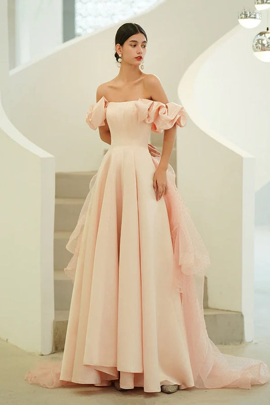 Pink Satin Long A-Line Prom Dress Pink Strapless Evening Party Dress