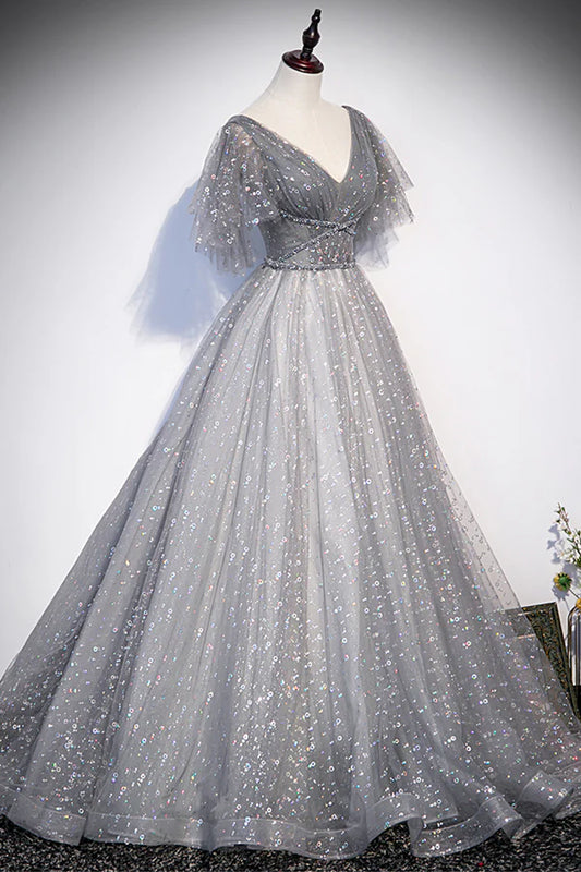 Gray V-Neck Tulle Sequins Long Prom Dress A-Line Short Sleeve Evening Dress