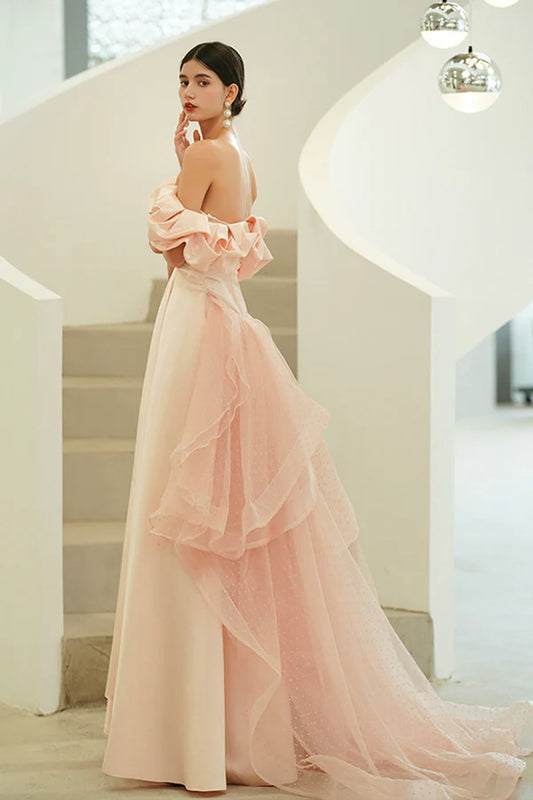 Pink Satin Long A-Line Prom Dress Pink Strapless Evening Party Dress