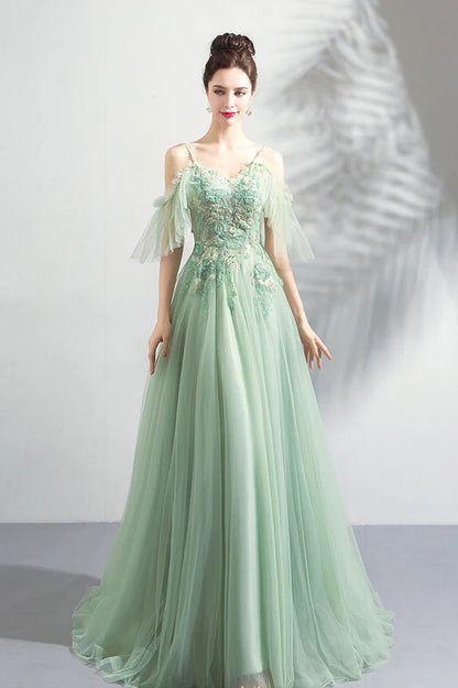 Green Lace Spaghetti Strap Floor Length Evening Dress A-Line Prom Dress