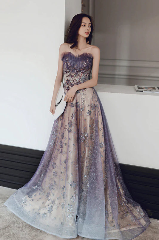 Purple Tulle Sequins Long Prom Dress A-Line Strapless Evening Party Dress