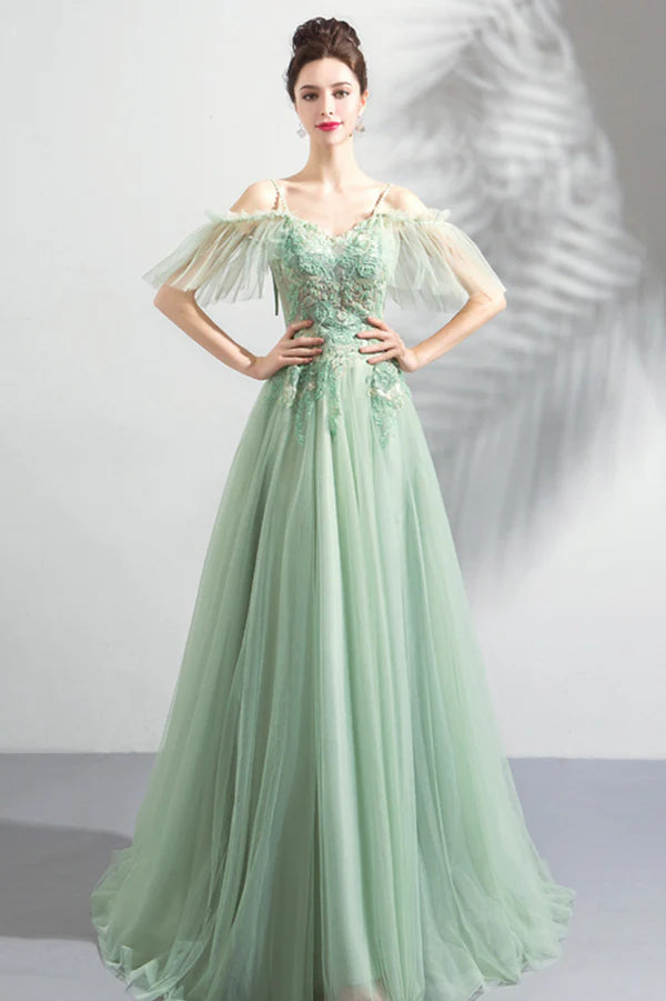 Green Lace Spaghetti Strap Floor Length Evening Dress A-Line Prom Dress