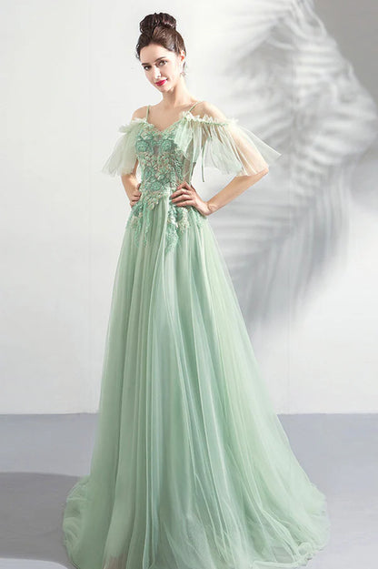 Green Lace Spaghetti Strap Floor Length Evening Dress A-Line Prom Dress