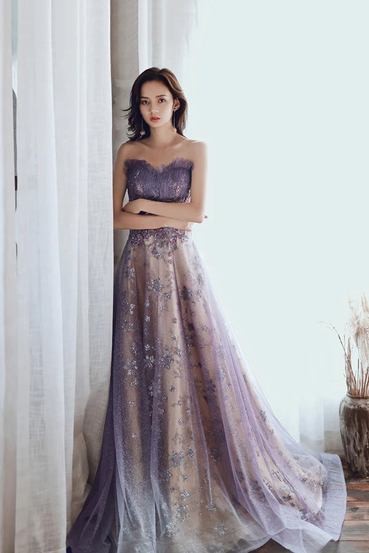 Purple Tulle Sequins Long Prom Dress A-Line Strapless Evening Party Dress