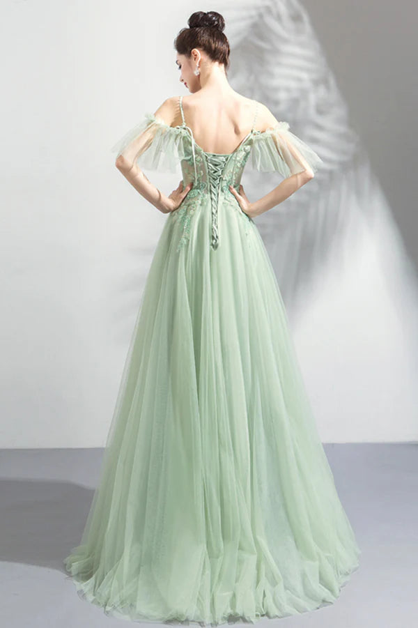 Green Lace Spaghetti Strap Floor Length Evening Dress A-Line Prom Dress