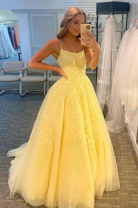 Yellow Tulle Lace Long Prom Dress A-Line Backless Graduation Party Dress