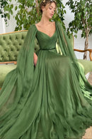 Green Chiffon Long A-Line Prom Dress Long Sleeve Evening Graduation Dress