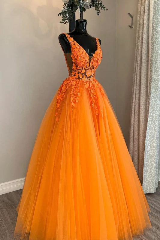 Orange V-Neck Tulle Lace Long Prom Dress A-Line Backless Evening Dress