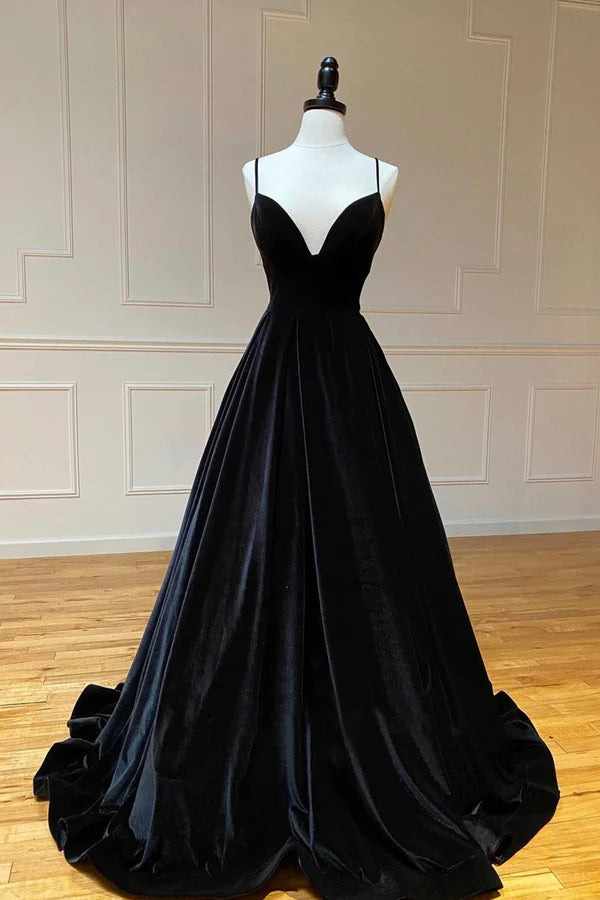 Black Velvet Long A-Line Prom Dress V-Neck Backless Evening Formal Dress