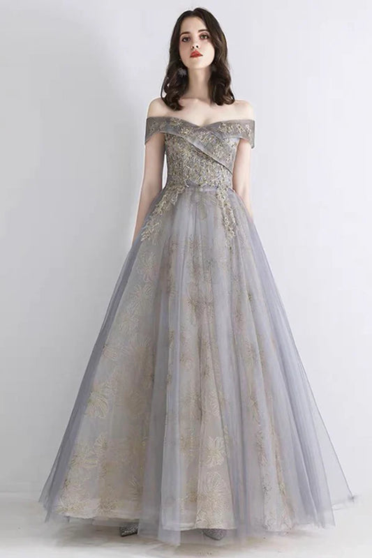 Gray Tulle Sequins Long Prom Dress Off the Shoulder Evening Graduation Dress