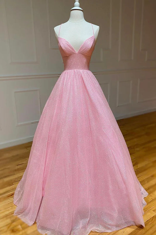 Pink Tulle Long Backless Prom Dress A-Line V Neck Party Dress