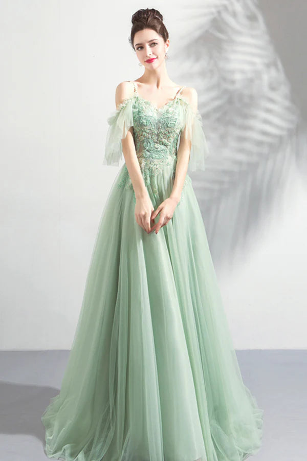 Green Lace Spaghetti Strap Floor Length Evening Dress A-Line Prom Dress