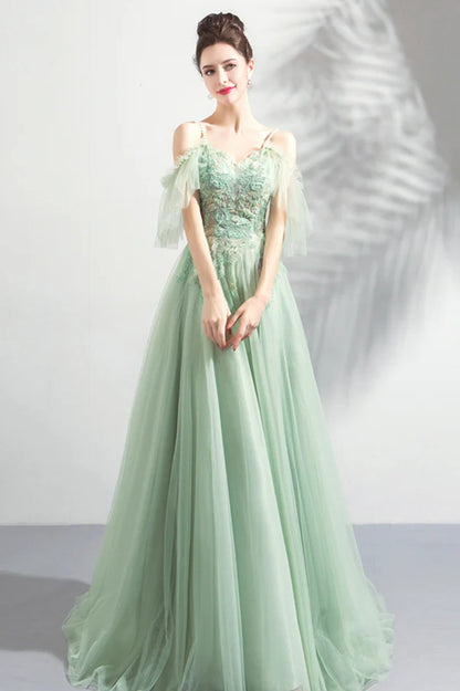 Green Lace Spaghetti Strap Floor Length Evening Dress A-Line Prom Dress