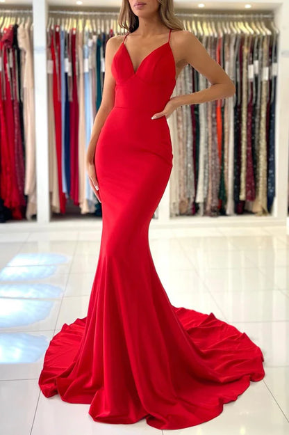 Red V-Neck Long Prom Dress Mermaid Backless Evening Party Dress