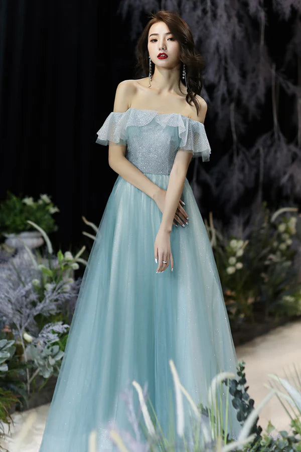 Cute Tulle Long A-Line Prom Dress Off the Shoulder Evening Party Dress