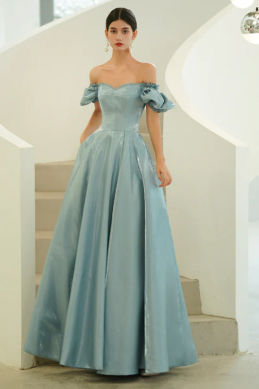 Blue Satin Long A-Line Prom Dress Off the Shoulder Evening Party Dress