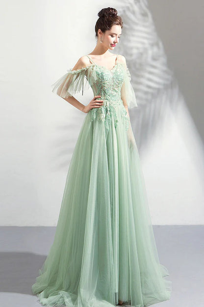 Green Lace Spaghetti Strap Floor Length Evening Dress A-Line Prom Dress