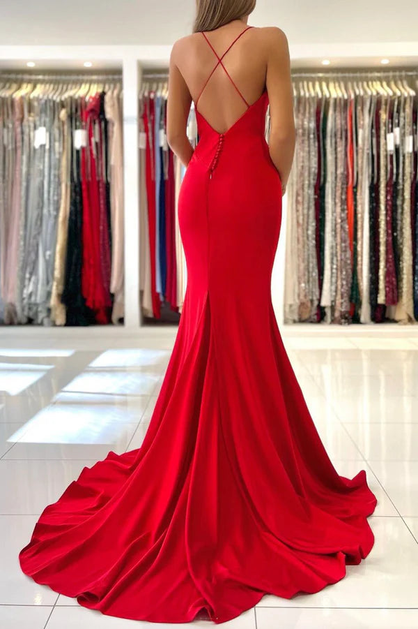 Red V-Neck Long Prom Dress Mermaid Backless Evening Party Dress