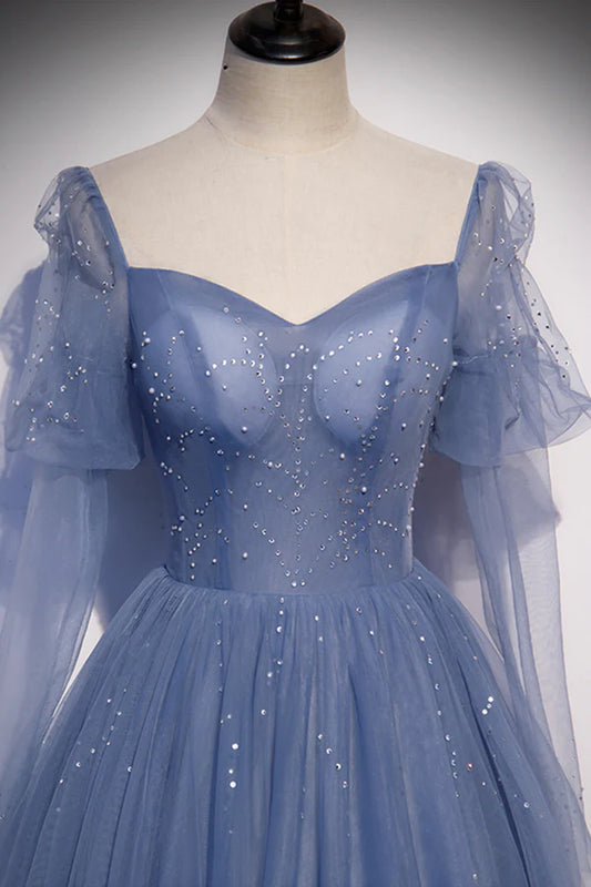 Blue Tulle Long Sleeve Prom Dress A-Line Blue Evening Party Dress