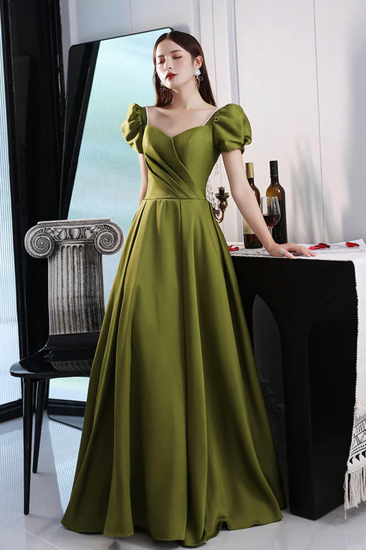 Green Satin Long A-Line Prom Dress Short Sleeve Evening Party Dress